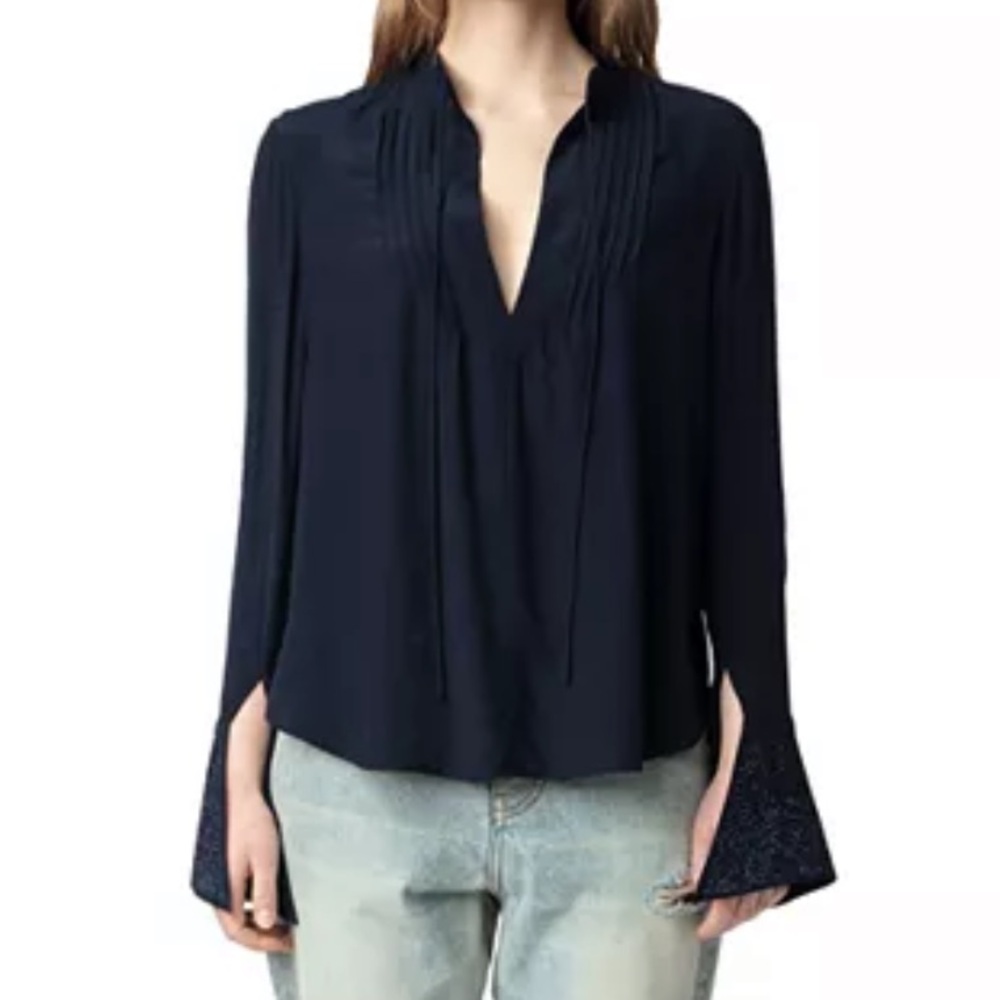 NWT $348 Sz XS Zadig & Voltaire Midnight Blue Taika Soft Strass Blouse
